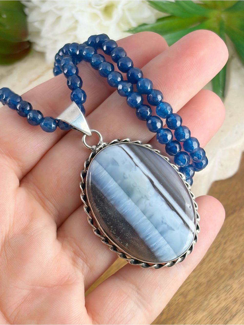 Owyhee Blue Opal Pendant Kyanite Necklace Southwest Sterling Silver 925 Overlay